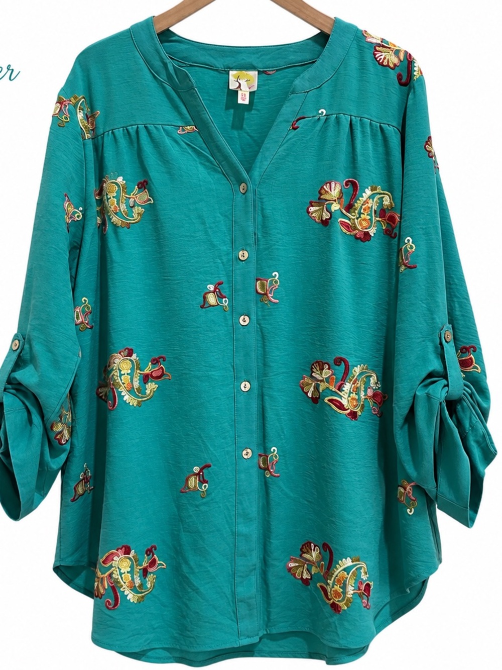 Anthropologie x Fig & Flower Embroidered Floral Aqua  Shirt Plus Size 2X